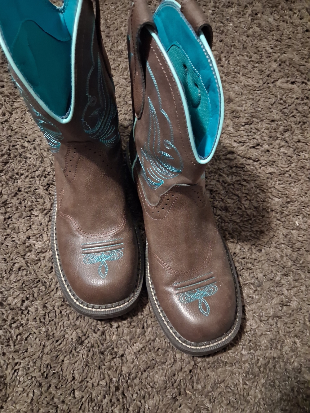 Dream Pairs Brown Western Heeled Boots with Turquoise Stitching